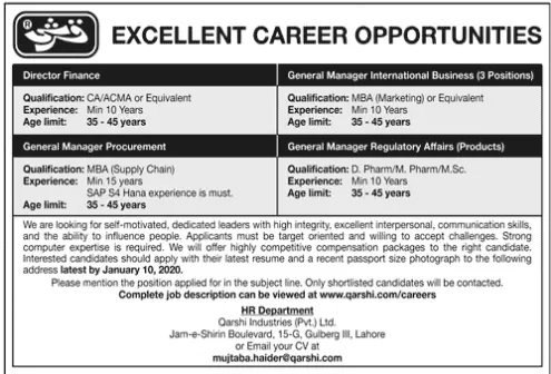 Jobs in Qarshi Industries Lahore – Private Company Jobs 2019 — original advertisement