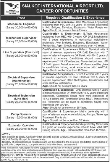 Jobs Sialkot International Airport Limited Jobs 2019 — original advertisement