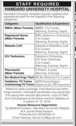 Jobs Hamdard University Hospital Karachi Jobs 2019 — original advertisement