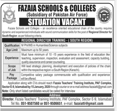 Jobs Fazia Schools & Colleges Islamabad – Fazaia Schools & Colleges Jobs 2019 — original advertisement