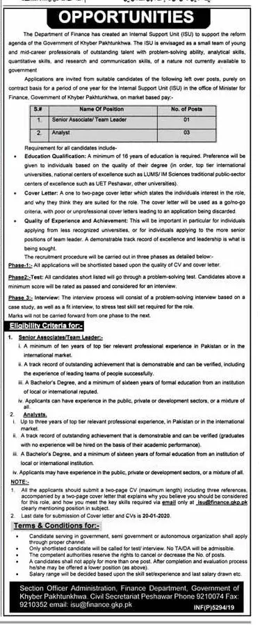 Jobs Finance Department KPK Jobs 2019 — original advertisement