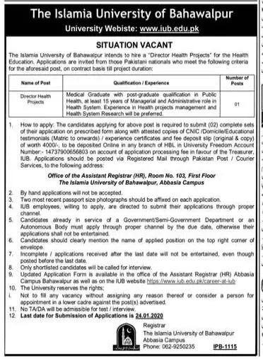 Director Required Islamia University Bahawalpur Jobs 2019 — original advertisement