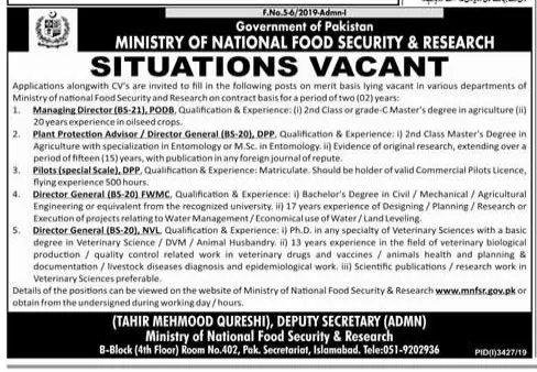Jobs National Food Security & Research Islamabad – Ministry of National Food Security & Research Jobs 2019 — original advertisement