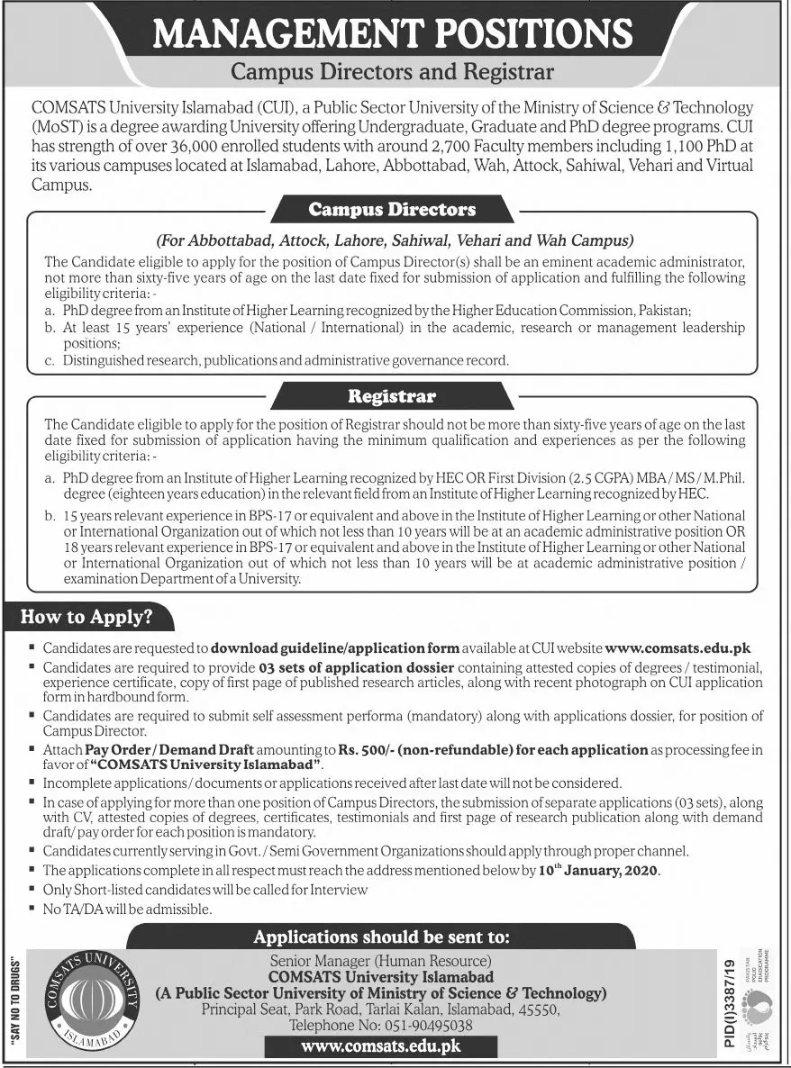 Directors Required Comsats University Islamabad Jobs 2019 — original advertisement