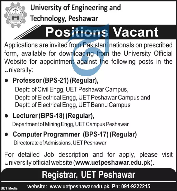 Jobs University of Engineering and Technology Peshawar Jobs 2019 — original advertisement