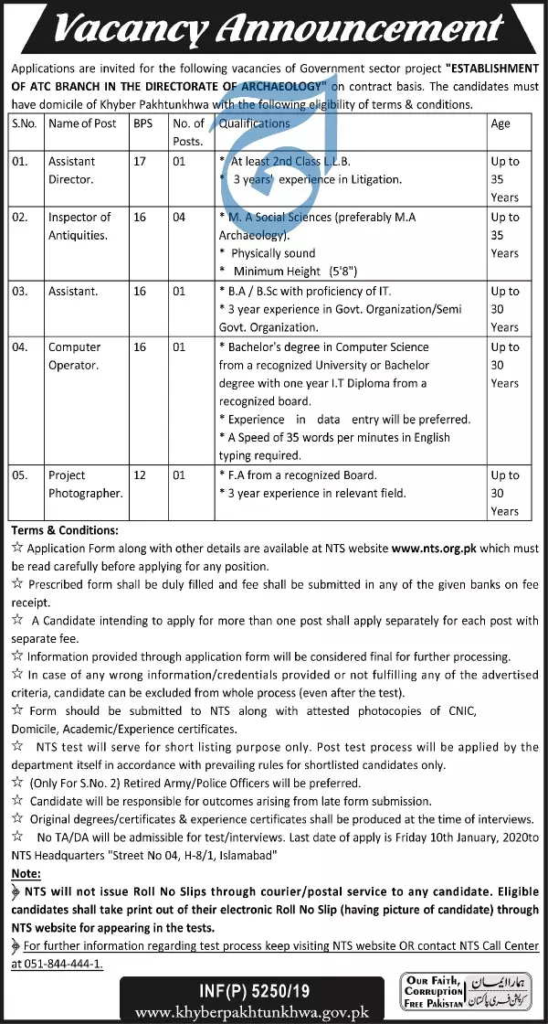 Jobs Archaeology Department KPK – Culture, Sports, Tourism, Archaelogy & Youth Affairs Department KPK Jobs 2019 — original advertisement