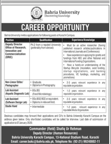 Jobs Bahria University Karachi Campus Jobs 2019 — original advertisement