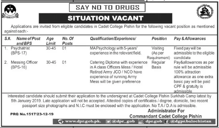 Jobs Cadet College Pishin Jobs 2019 — original advertisement
