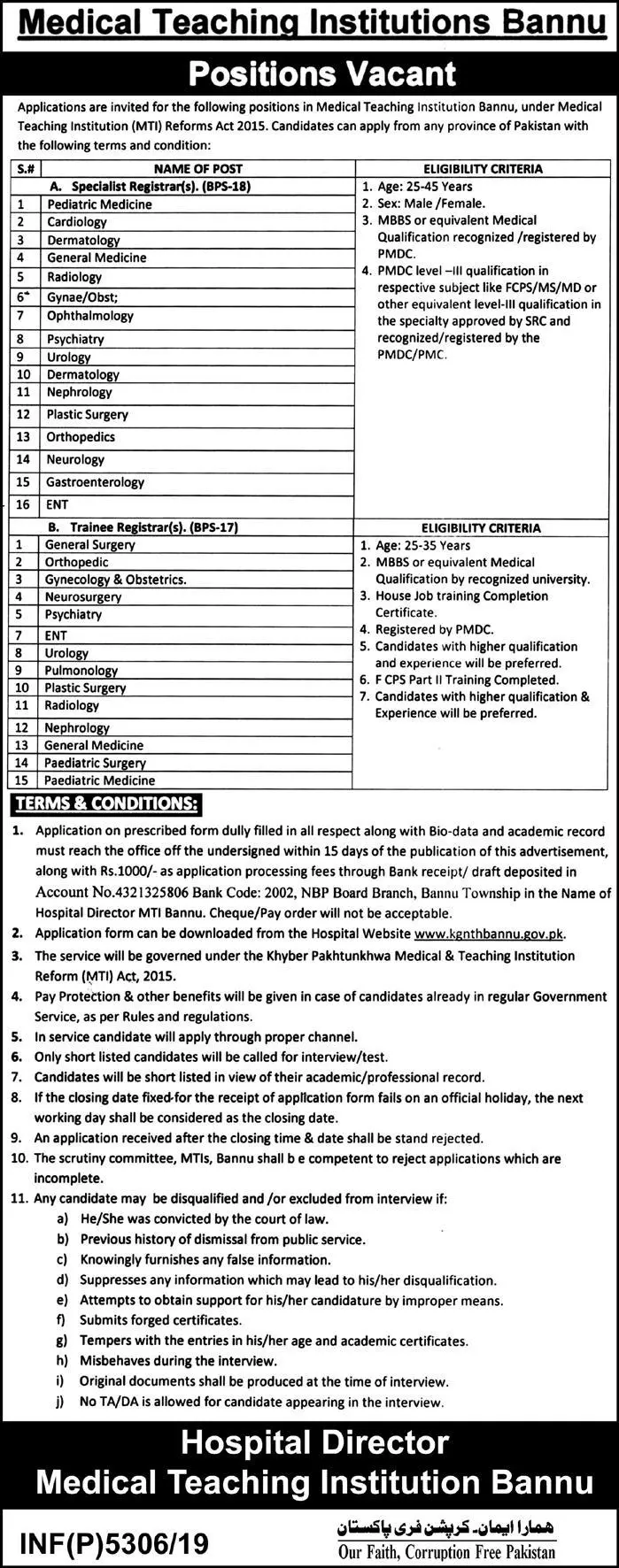 Faculty Required Medical Teaching Institution Bannu Jobs 2019 — original advertisement