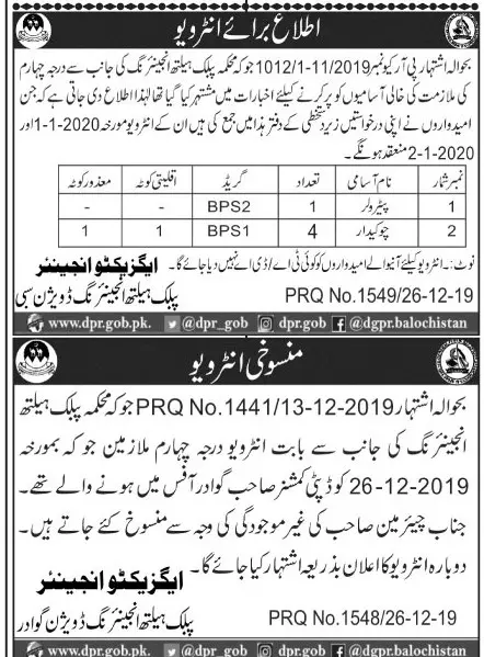 Interview Public Health Engineering Department Balochistan Jobs 2019 — original advertisement