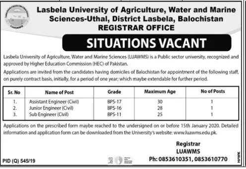 Jobs In Lasbela University of Agriculture, Water & Marine – Lasbela University of Agriculture, Water & Marine Sciences (LUAWMS) Uthal Jobs 2019 — original advertisement