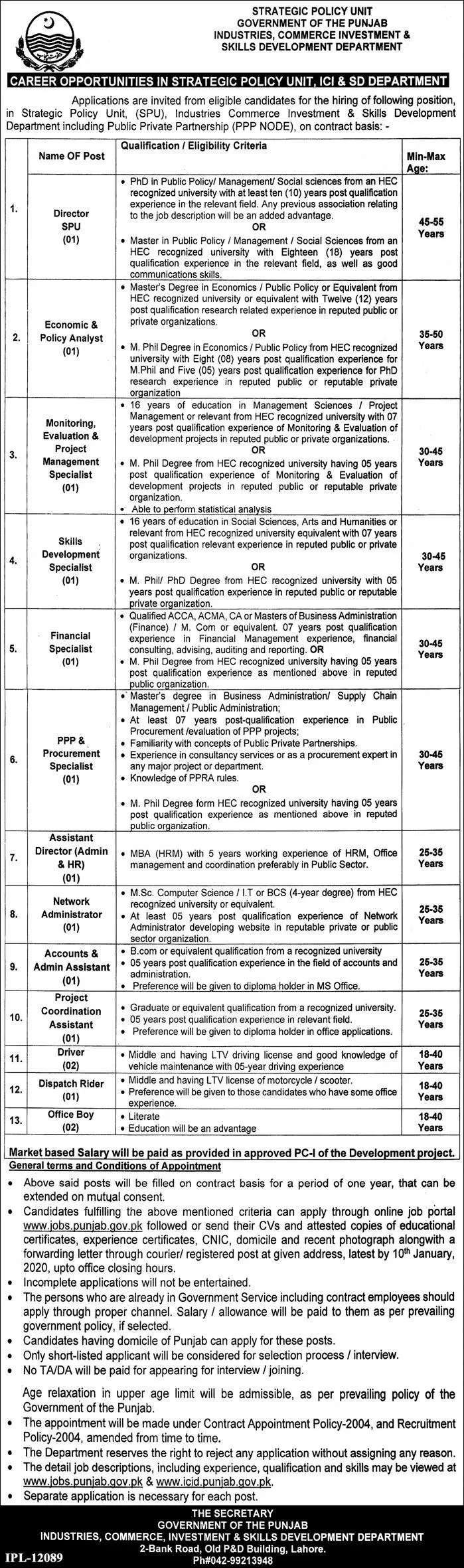 Jobs Policy & Strategic Planning Unit Punjab Jobs 2019 — original advertisement