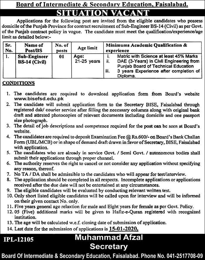 Jobs Board of Intermediate & Secondary Education Faisalabad – Board of Intermediate and Secondary Education, Faisalabad Jobs 2019 — original advertisement
