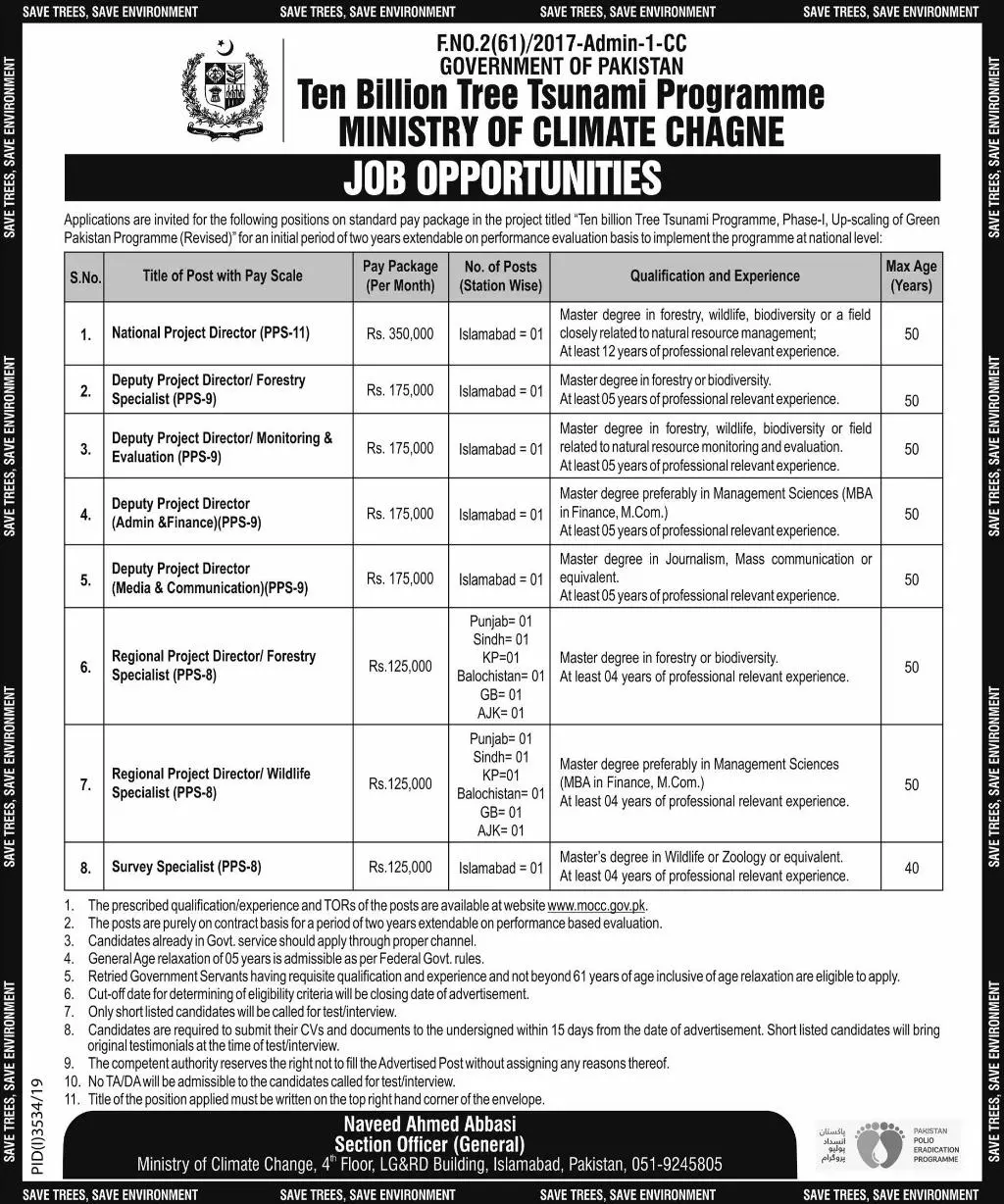 Jobs Ten Billion Tree Tsunami Program Ministry of Climate – Ministry of Climate Change Jobs 2019 — original advertisement