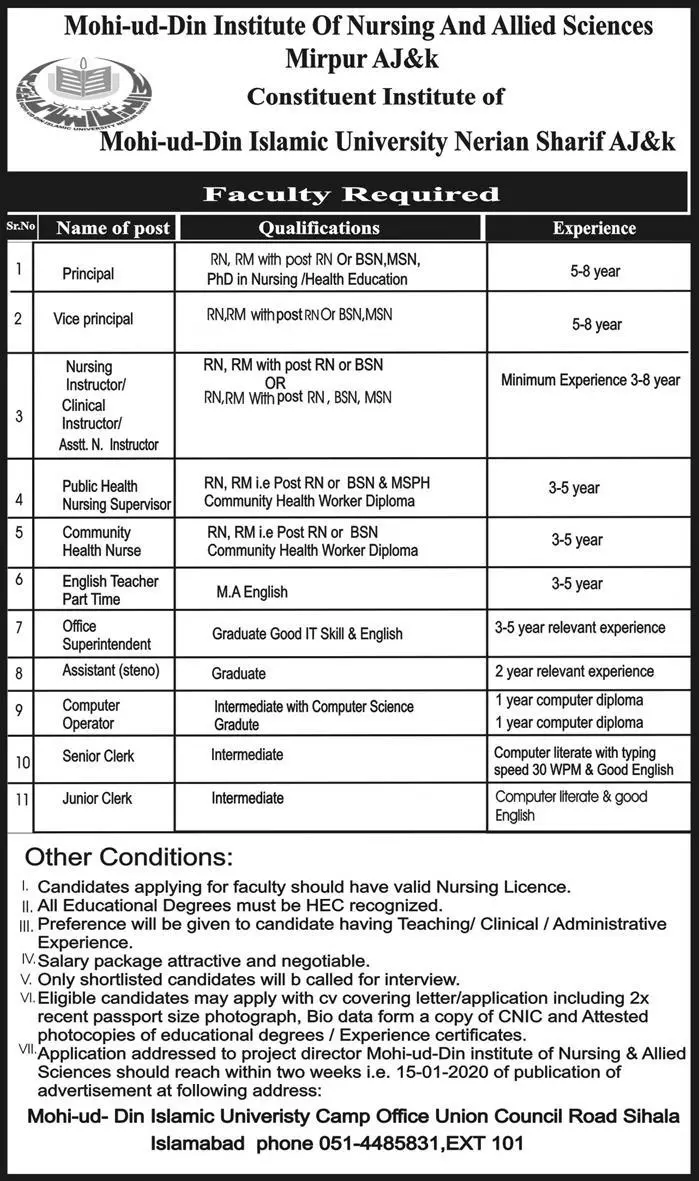 Jobs In Mohi ud Din Institute of Nursing and Allied Science – Private Sector Organization Jobs 2019 — original advertisement