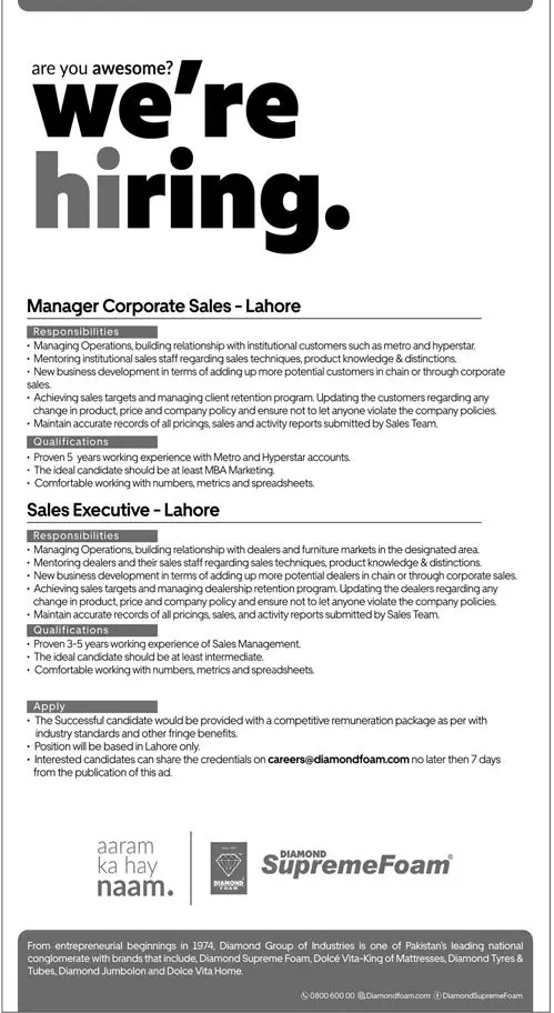 Jobs Diamond Supreme Foam Lahore – Private Company Jobs 2019 — original advertisement