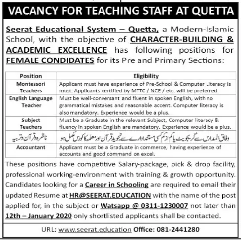 Jobs Seerat Educational SYstem Quetta – Private Sector Organization Jobs 2019 — original advertisement