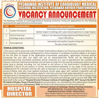 Jobs Peshawar Institute of Cardiology (PIC) Jobs 2020 — original advertisement