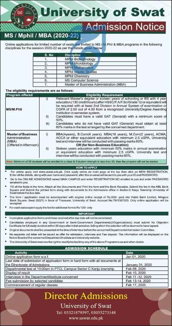 Admissions MS.MPhil,MBA University of Swat Admissions 2020 — original advertisement