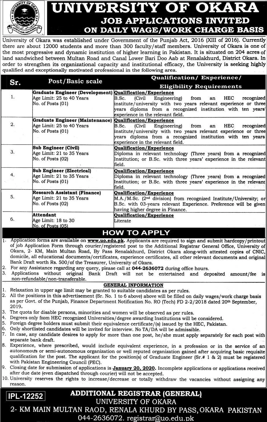 Jobs University of Okara Jobs 2020 — original advertisement