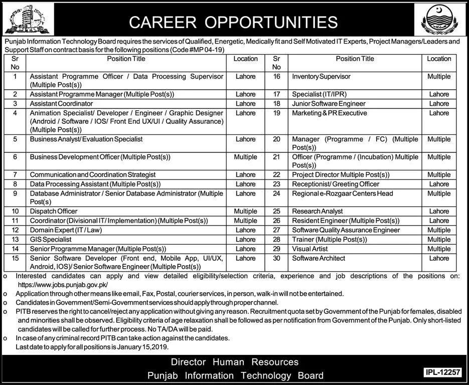 Jobs Punjab Information Technology Board Lahore Jobs 2020 — original advertisement