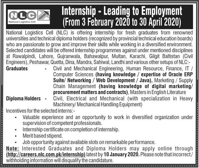 Internship Logistic Cell Pakistan – National Logistic Cell Rawalpindi Jobs 2020 — original advertisement