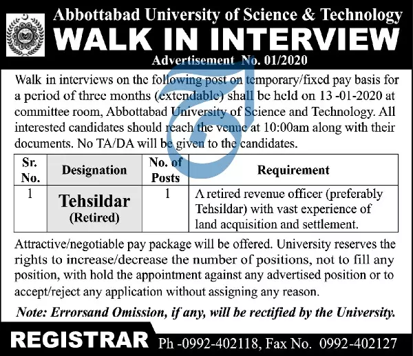 JObs Abbottabad University of Science and Technology Jobs 2020 — original advertisement