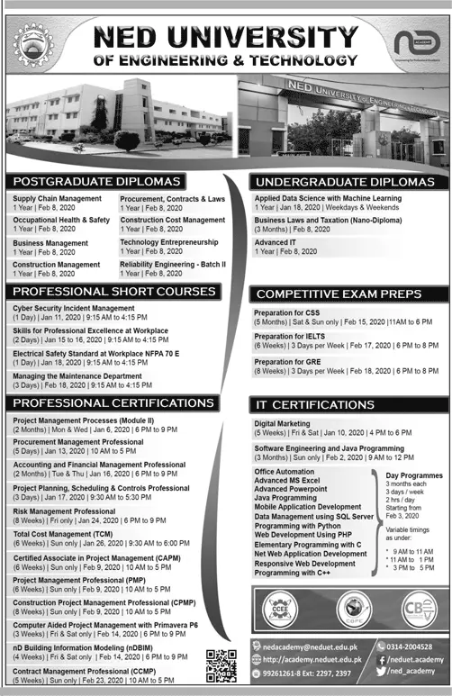 Admissions In NED University of Engineering and Technology Admissions 2020 — original advertisement