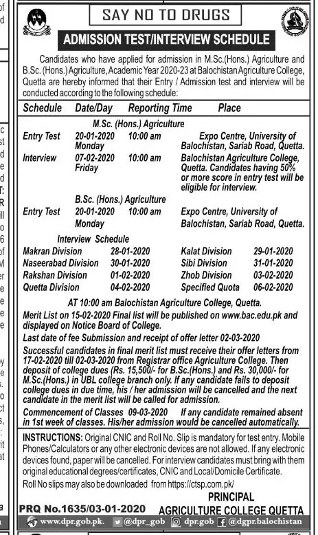 Admission In Balochistan Agriculture College Quetta – Balochistan Agriculture College, Quetta Admissions 2020 — original advertisement