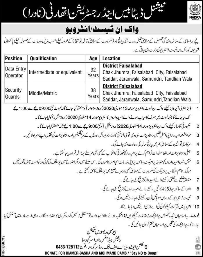 Jobs Nadra Faisalabad Punjab – National Database and Registration Authority Jobs 2020 — original advertisement