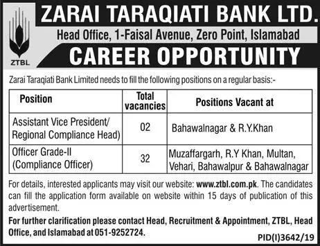 Jobs Zarai Taraqiati Bank Limited Jobs 2020 — original advertisement