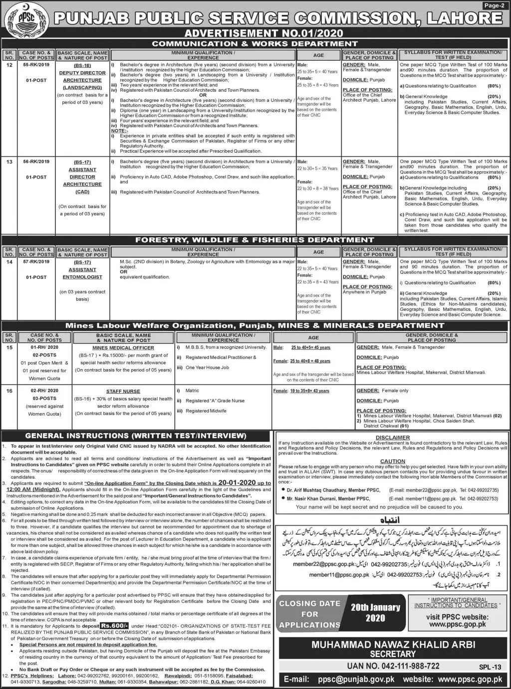 Jobs Punjab Public Service Commission Lahore Adv No.01/2020 Jobs 2020 — original advertisement
