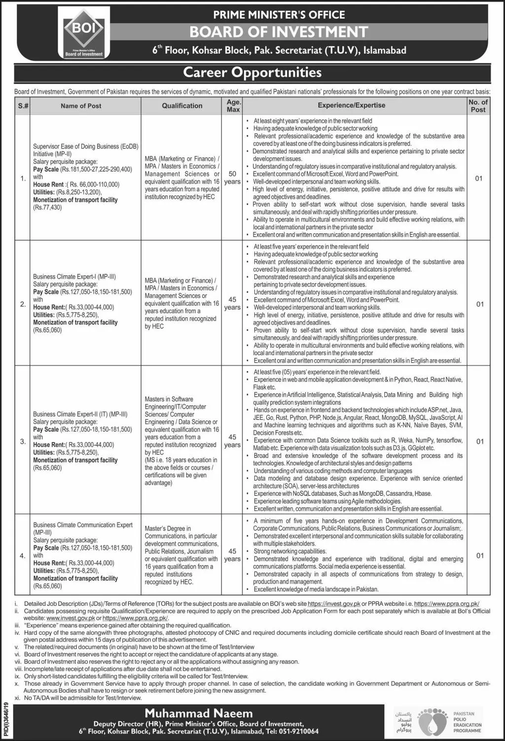 Jobs Board of Investment Pakistan Jobs 2020 — original advertisement