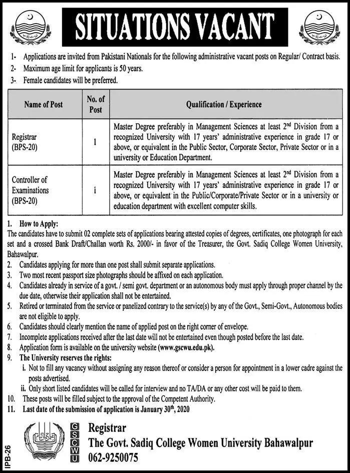 Jobs Government Sadiq College Women University Bahawalpur –  The Government Sadiq College Women University Bahawalpur Jobs 2020 — original advertisement