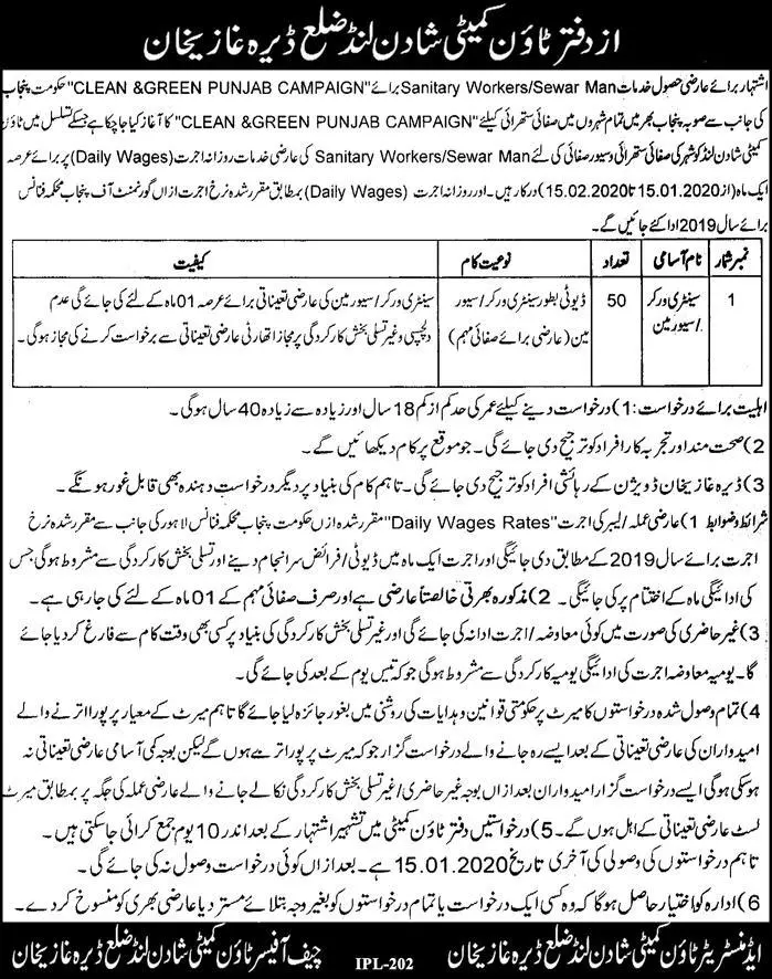 Jobs Sanitary Workers UC Shadon Lund D.G Khan Punjab – Local Government Department Punjab Jobs 2020 — original advertisement