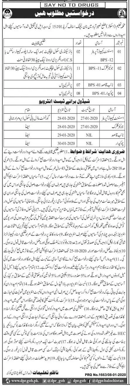 Jobs Education Department Naseerabad Balochistan – Education Department Balochsitan Jobs 2020 — original advertisement