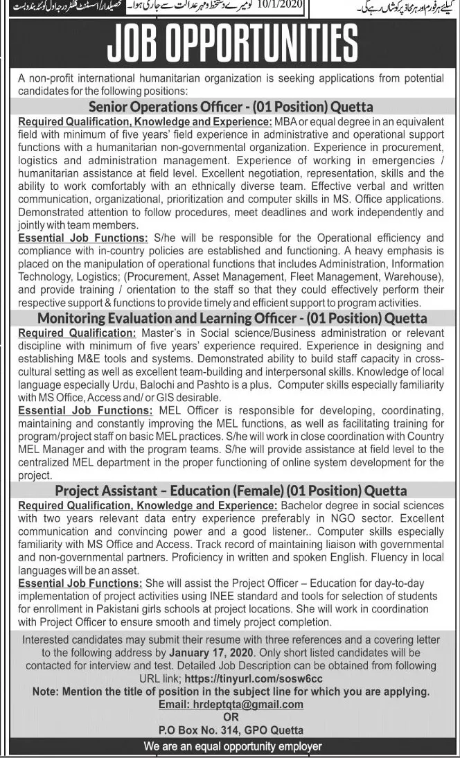 Jobs Humanitarian Organization Balochistan – Private Sector Organization Jobs 2020 — original advertisement