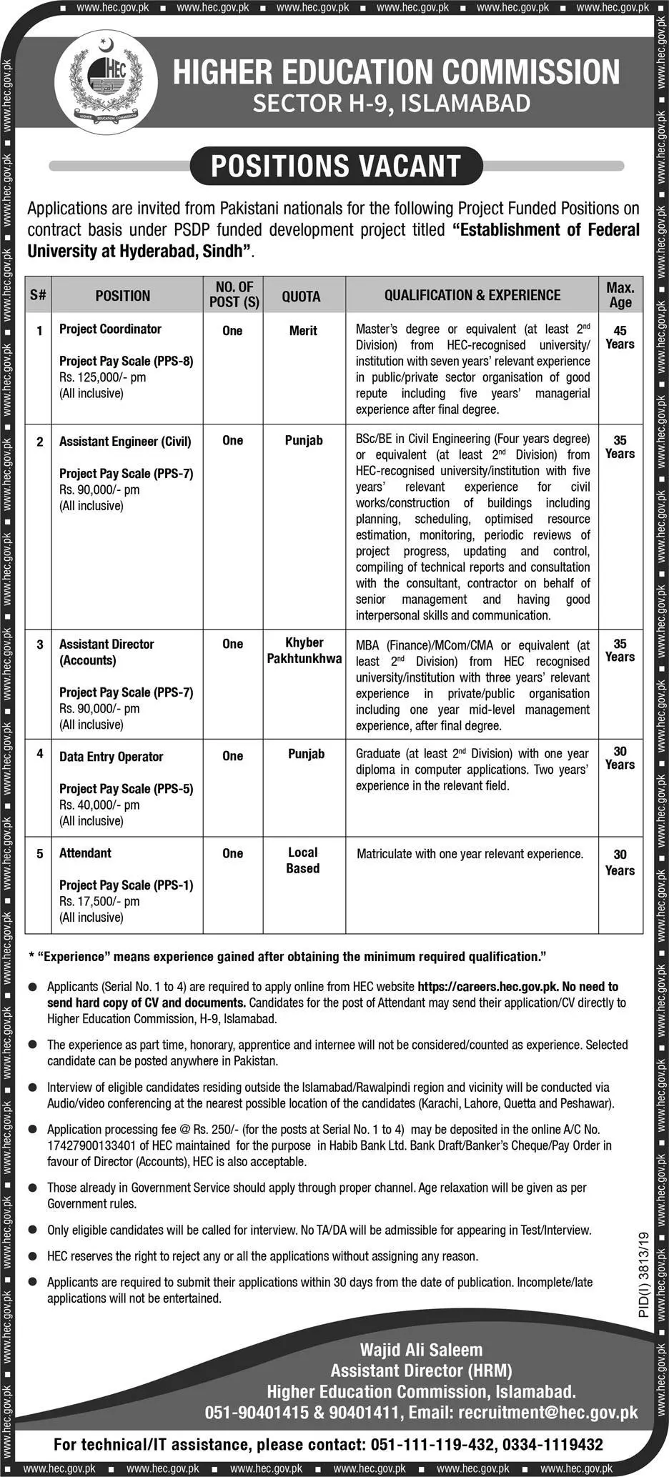 Jobs HEC Establishment of Federal University Hyderabad – Higher Education Commission Islamabad Jobs 2020 — original advertisement