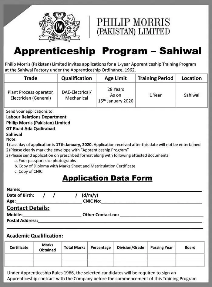 Apprenticeships Philip Morris Pakistan Jobs 2020 — original advertisement