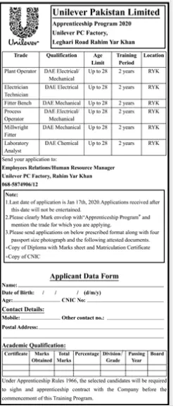Apprenticeships Program Unilever Paksitan – Unilever Pakistan Jobs 2020 — original advertisement