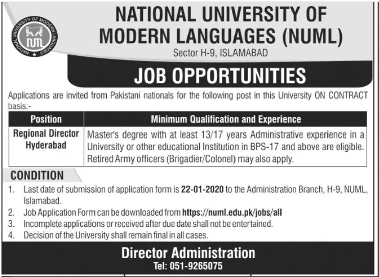 Jobs NUML University Hyderabad – National University of Modern Languages Islamabad Jobs 2020 — original advertisement
