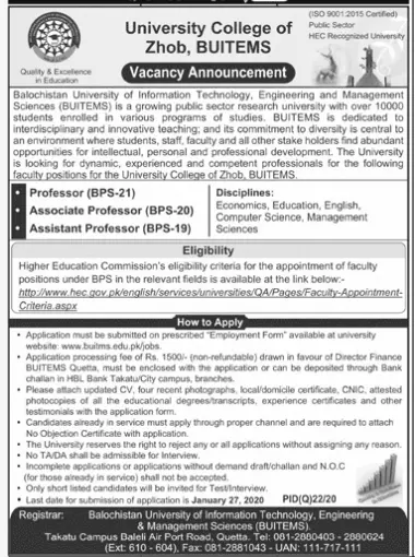 Jobs In  Balochistan University of Information Technology – Balochistan University of Information Technology & Management Science Quetta Jobs 2020 — original advertisement