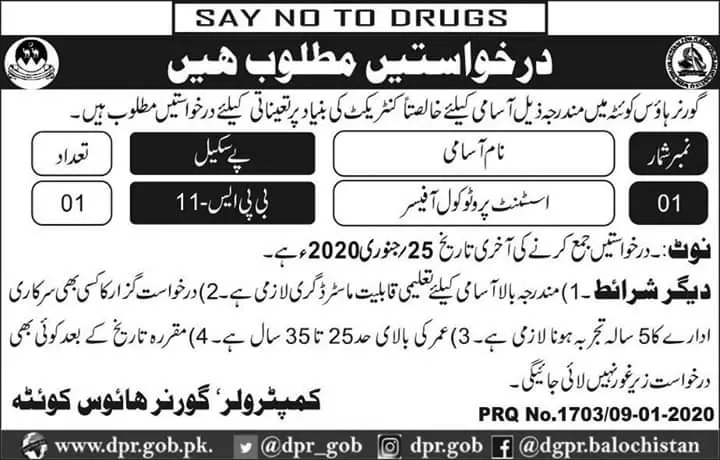 Jobs Governor House Balochsitan – Governor House Balochistan Jobs 2020 — original advertisement