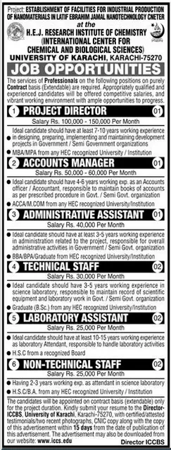 Jobs  HEJ Research Institute of Chemistry Karachi – International Center for Chemical and Biological Sciences (ICCBS) Karachi Jobs 2020 — original advertisement