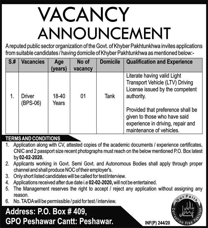 Driver Required Peshawar Cantt – Govt of Kpk Jobs 2020 — original advertisement