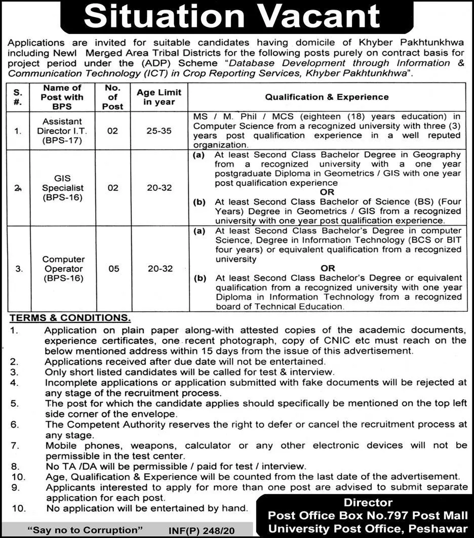 Jobs Project Database Development Crop Reporting Service Kpk – Agriculture Department KPK Jobs 2020 — original advertisement