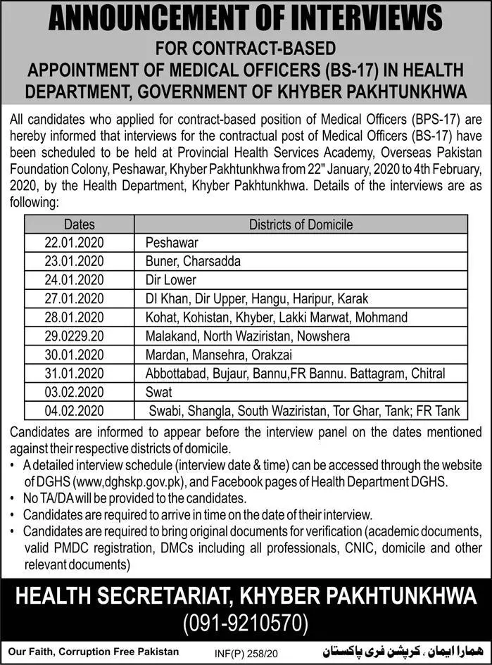 Medical Officers Required Health Department Kpk Jobs 2020 — original advertisement