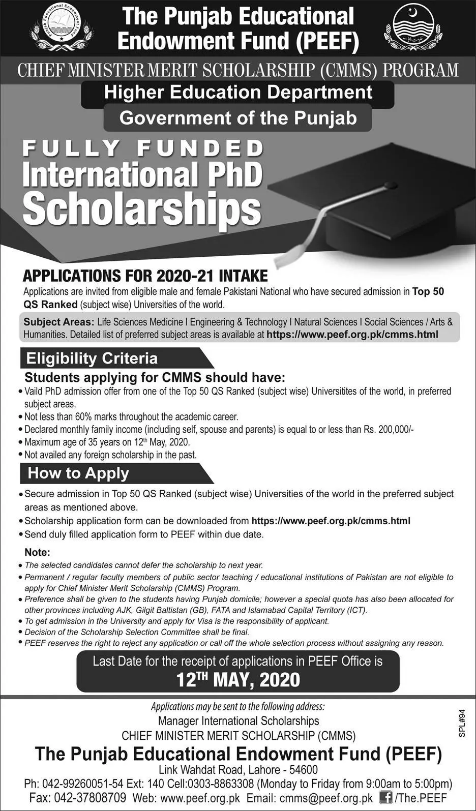 Scholarship In Punjab Education Endowment Fund (PEEF) – Punjab Educational Endowment Fund PEEF Scholarships 2020 — original advertisement