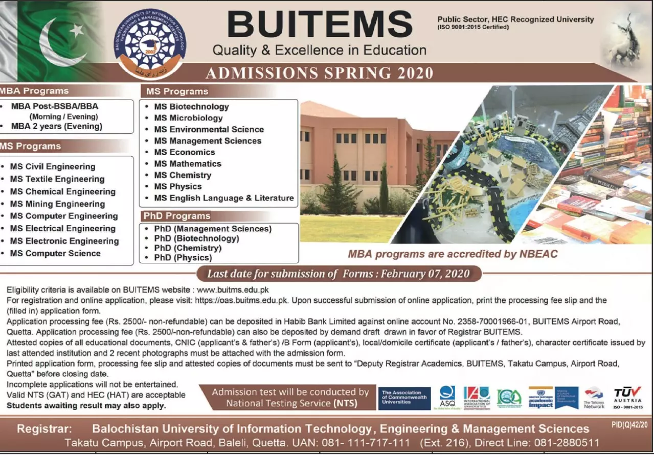 Admissions In Balochistan University of Information & techgy – Balochistan University of Information Technology & Management Science Quetta Admissions 2020 — original advertisement