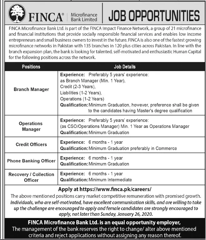 Jobs  FINCA Microfinance Bank Limited Jobs 2020 — original advertisement
